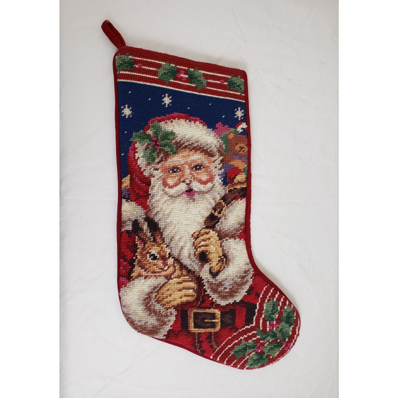 Unbranded Other - JL) Vintage Needlepoint Christmas Stocking Santa Holly Snow Red Velvet Lined 18"